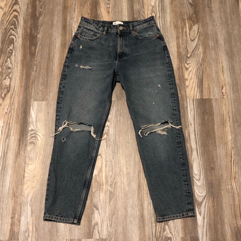 Zara blue gray ripped mom jeans